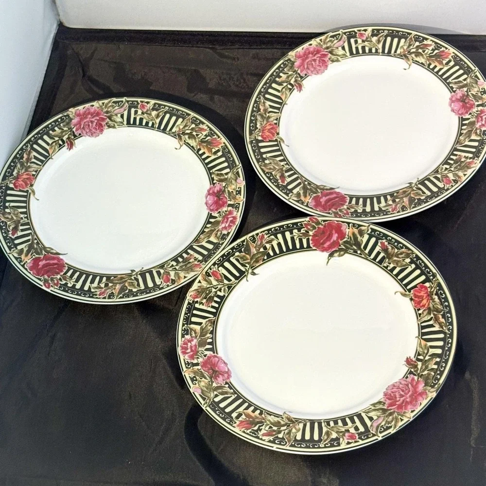 Gibson China Rose Floral Soup Bowls 4 & Dessert Plates 3 Black White Striped